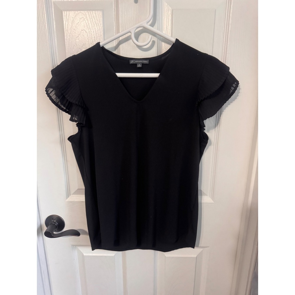 Adrianna Papell Black Pleated Ruffle Sleeve Blouse Size Medium V Neck
